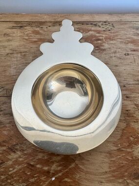Brass porringer bowl with decorative stepped finial handle - made in Spain